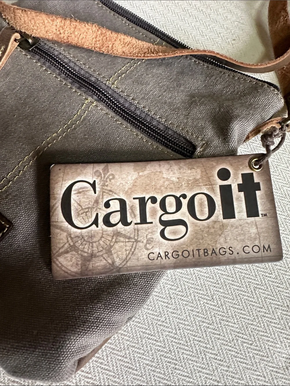 Gray Canvas Crossbody Bag with Tan Leather Strap